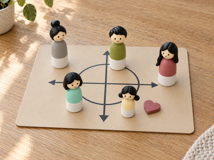 Figures arranged at different distances on a relationship board