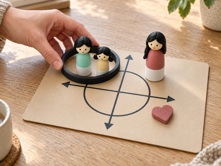 Two figures within a ring, with another outside the boundary