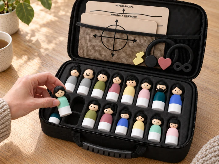 A hand choosing a figure from the carrying case