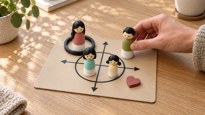 A hand positioning a figure among others on a relationship board
