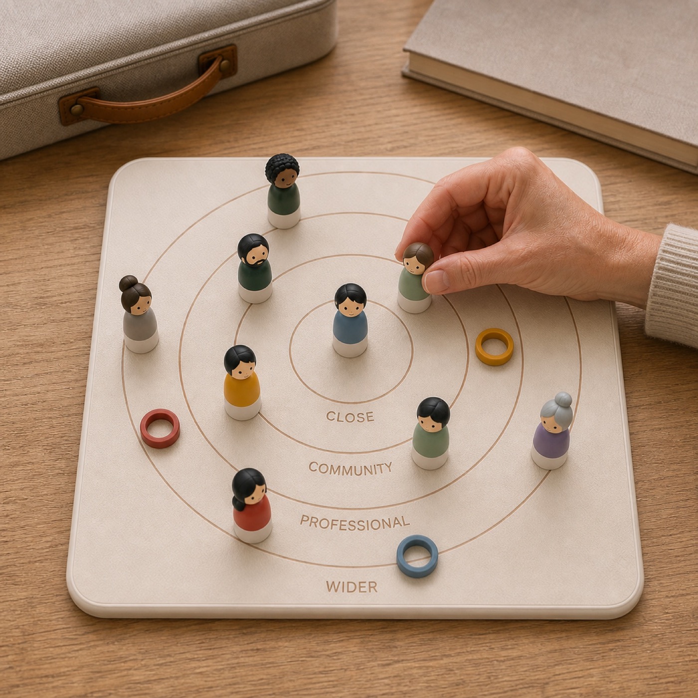 A social distance board with close, community, professional and wider circles