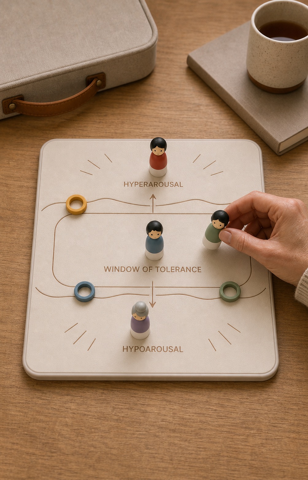 A window of tolerance board illustrating hyperarousal, regulated capacity and hypoarousal