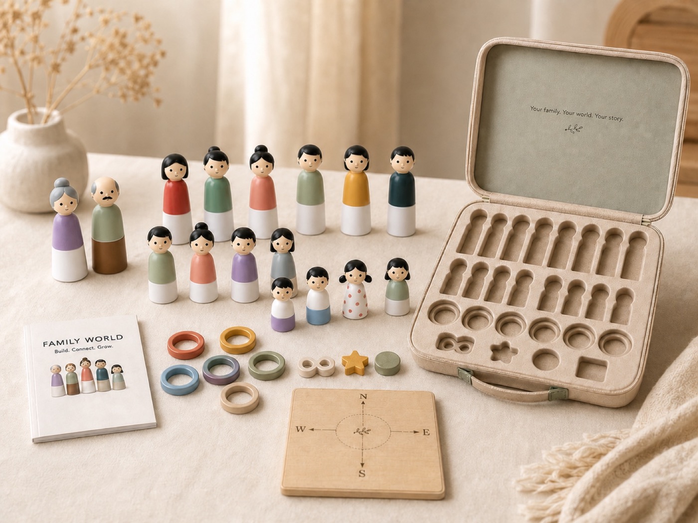 The complete collection of sixteen family figures arranged by generation