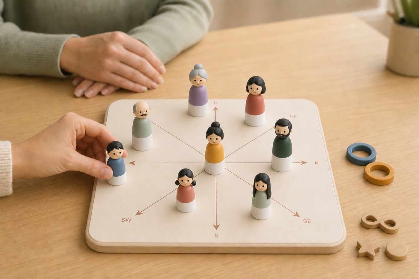 Family constellation figures arranged on the Mindform Studio session board