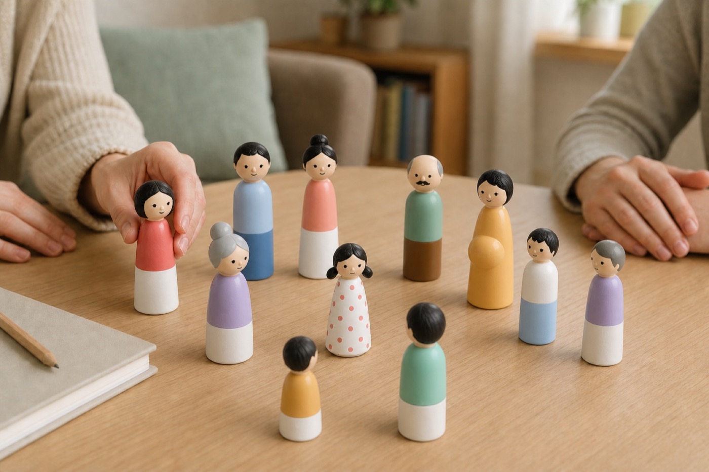 Family figures arranged in a circle during a guided conversation