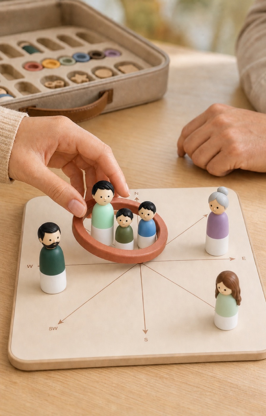 A hand placing a ring around a small group of family figures