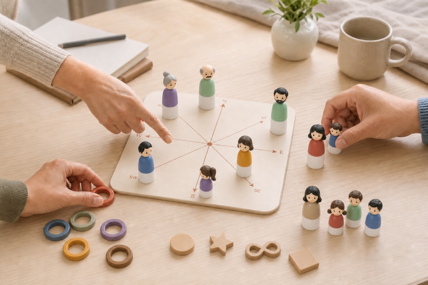 A family constellation session using the board, figures, rings and symbols